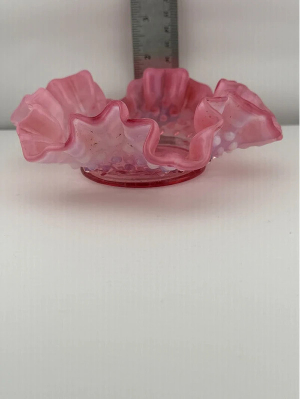 Vintage Fenton Cranberry Opalescent Hobnail Ruffled Art Glass Bowl